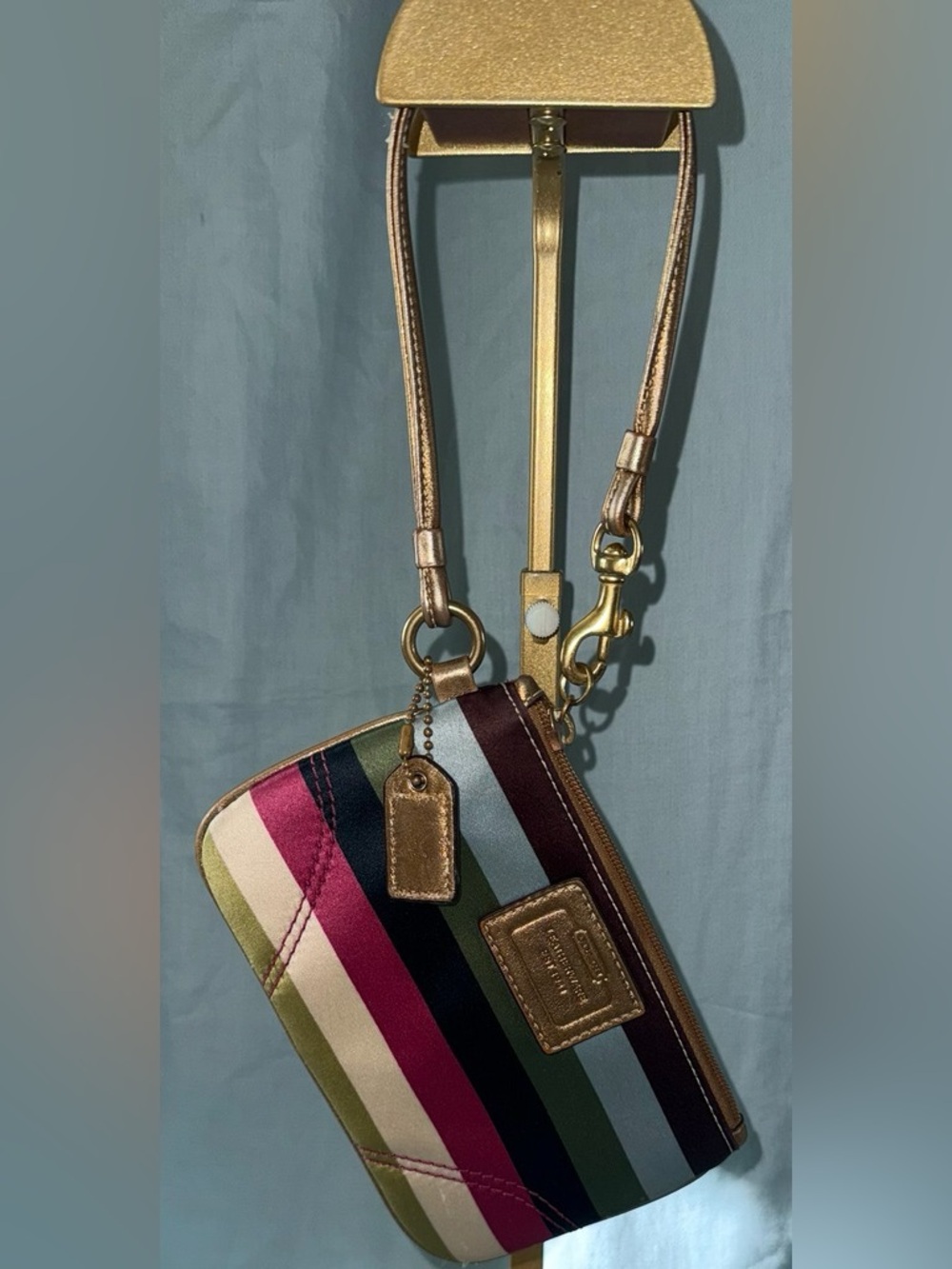 Coach Julia Legacy Stripe Satin Wristlet Multicolor Gold Leather Trim Est 1941